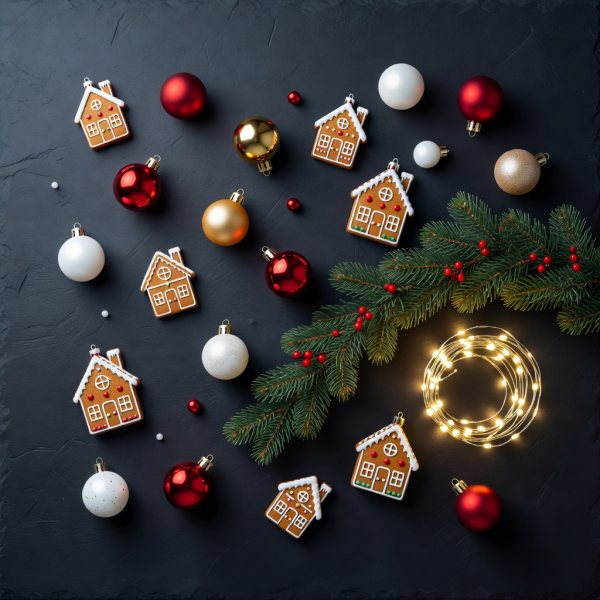 3D render of scattered holiday objects on dark slate background