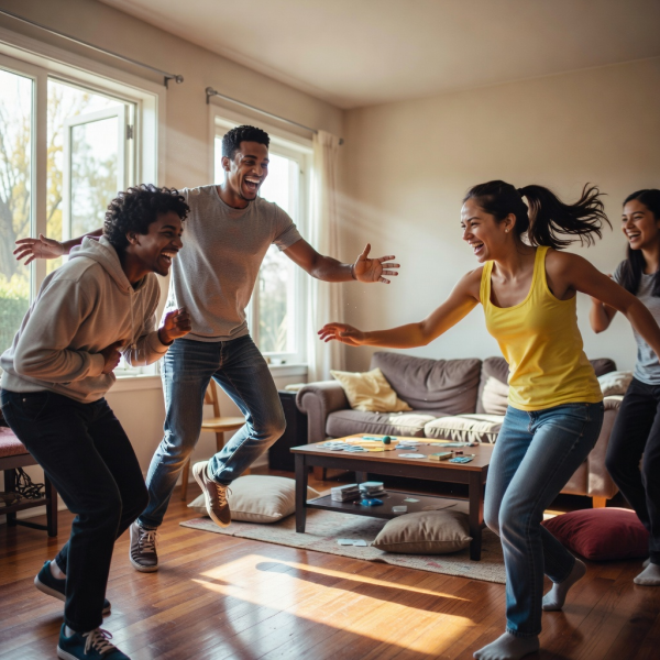 Friends playing an energetic game in a brightly lit room
